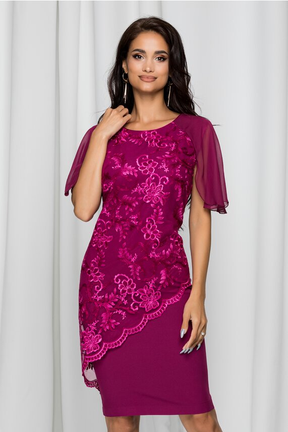 Rochie magenta eleganta cu decolteu rotund si maneci scurte din voal si broderie cu imprimeu floral Konstantina