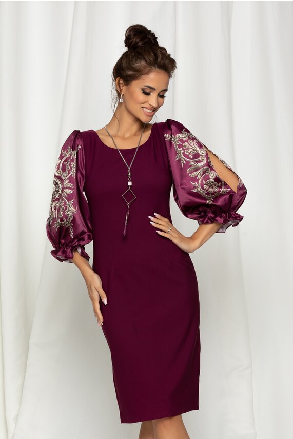 Rochie magenta eleganta cu maneci satinate si imprimeu cu decupaj   Tina