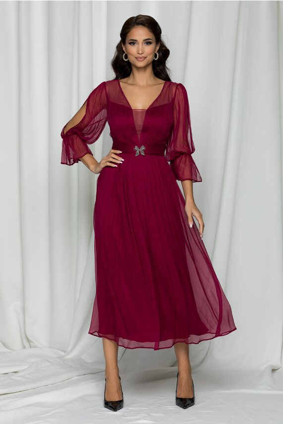 Rochie de seara magenta eleganta din matase naturala cu decolteu modern Leonard Collection