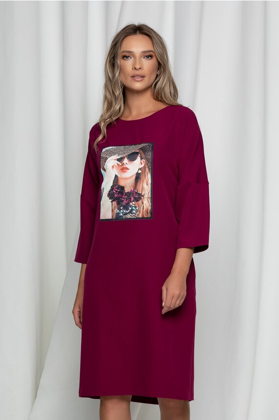 Rochie cu maneci trei sferturi magenta lejera cu decolteu rotund si buzunare Girly