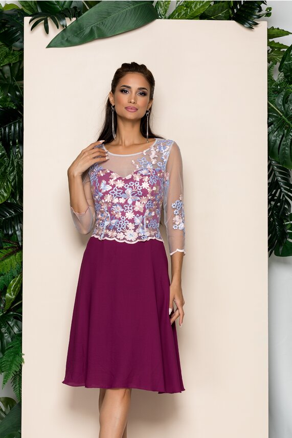 Rochie de soacra mov eleganta cocheta cu broderie florala Iarina