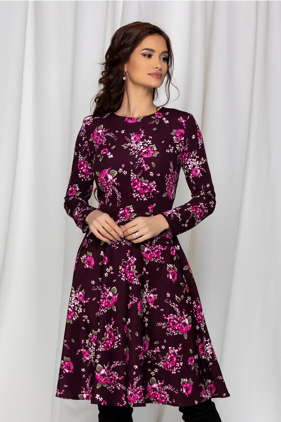 Rochie mov pruna de zi cu imprimeu floral si maneci lungi Dy Fashion