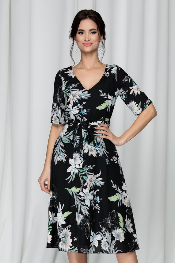 Rochie neagra cu imprimeu floral cu cordon     Raisa