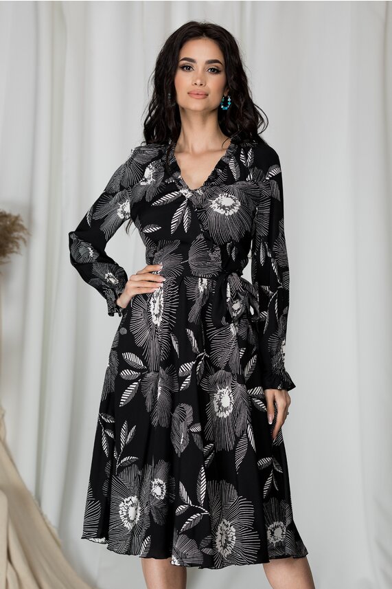 Rochie neagra cu imprimeu floral cu volanase captusita pe interior Leonard Collection