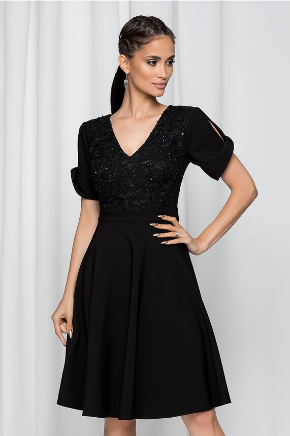 Rochie cu broderie si maneci scurte neagra cu paiete    LaDonna