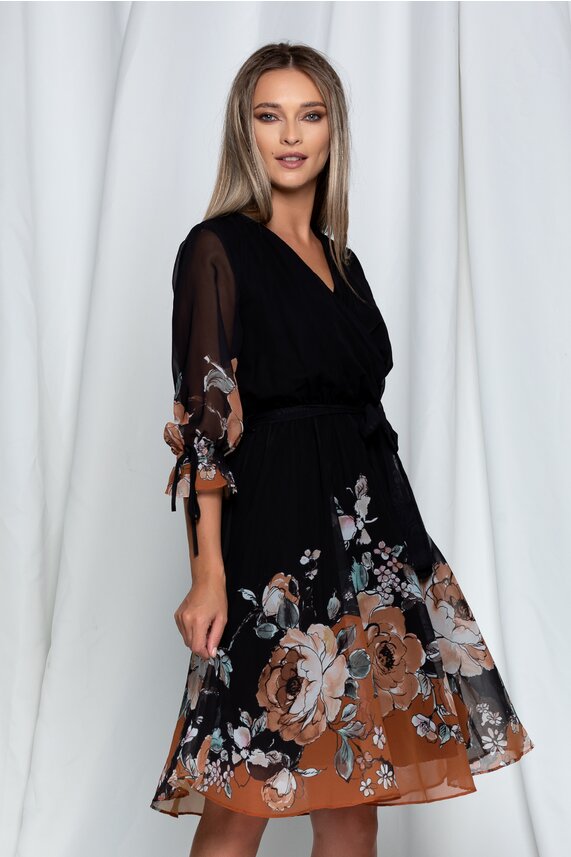 Rochie neagra din voal cu imprimeu floral     Paola