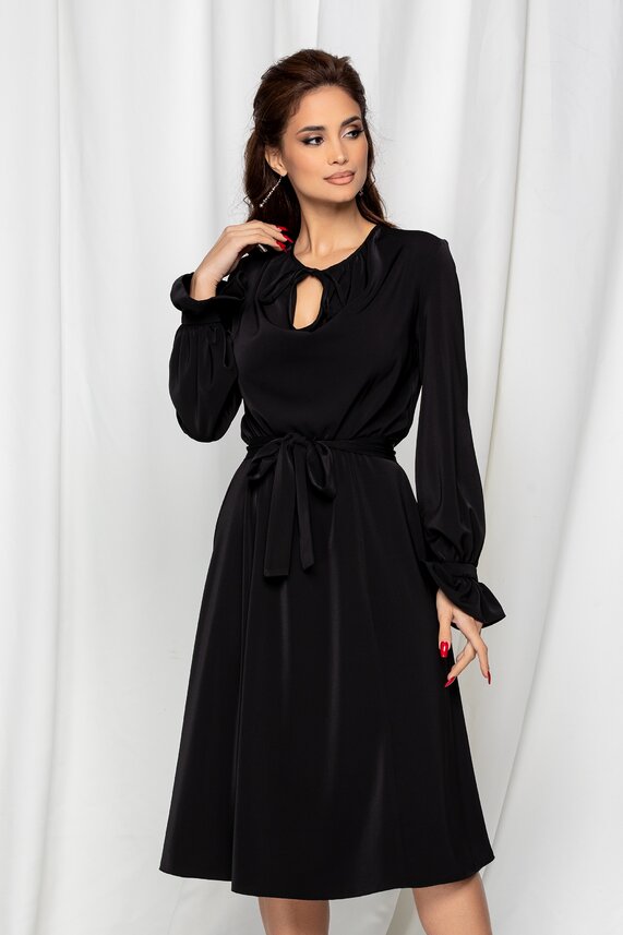 Rochie neagra eleganta de seara cu maneci lungi si volanase Dy Fashion