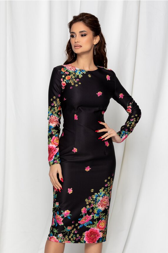 Rochie de primavara neagra eleganta cu imprimeuri florale colorate Dy Fashion