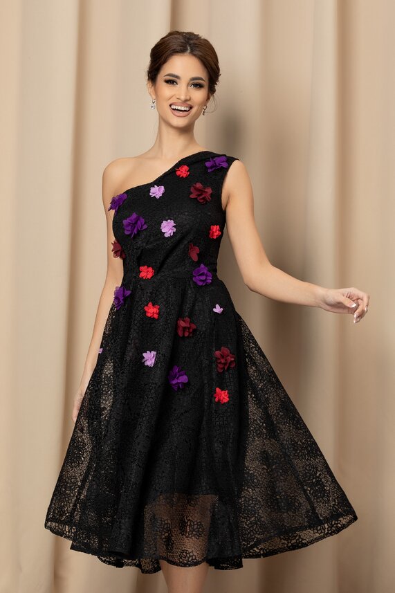 Rochie in clos de ocazie neagra eleganta cu flori si spatele gol Moze