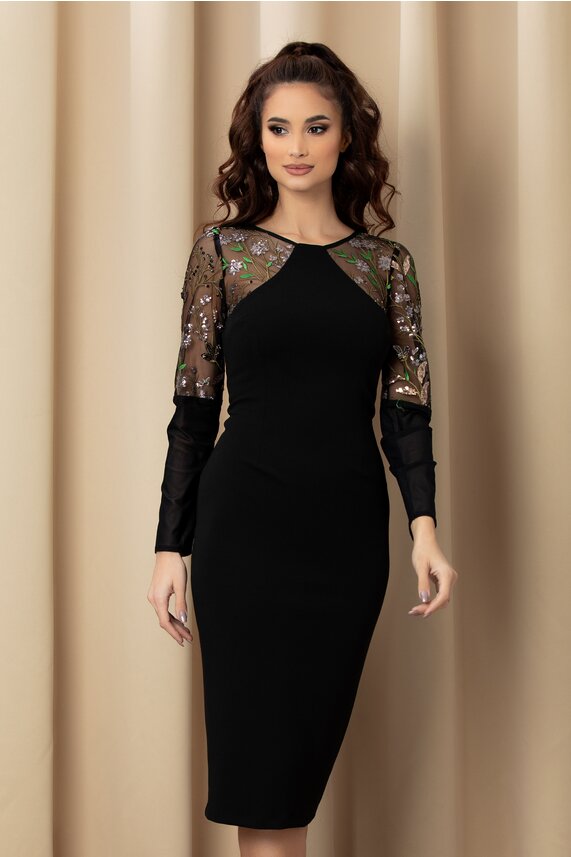 Rochie de seara neagra eleganta cu paiete si broderie florala   Moze