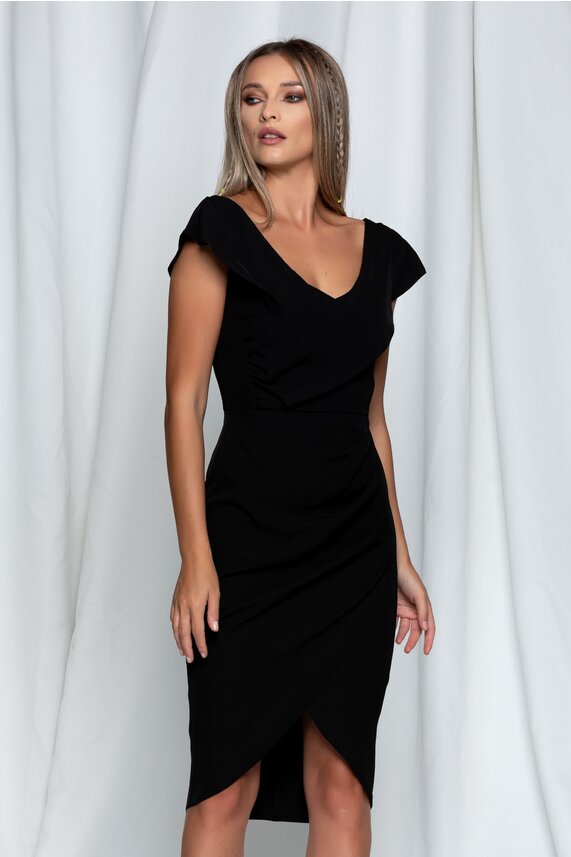 Rochie de nunta neagra eleganta cu pliuri si volan maxi si decolteu  Moze