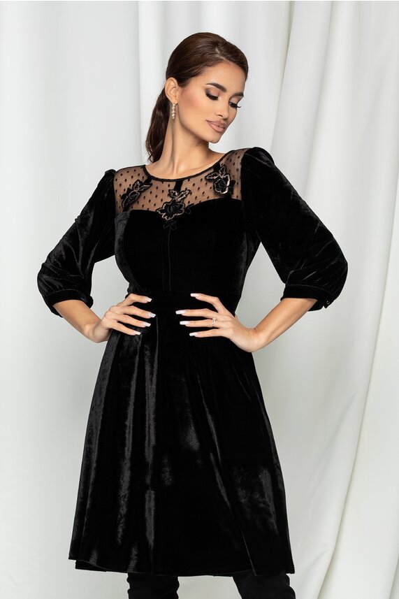 Rochie neagra eleganta din catifea din tulle cu flori   Mara