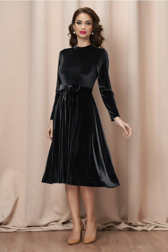 Rochie neagra eleganta din catifea si cordon    Dy Fashion