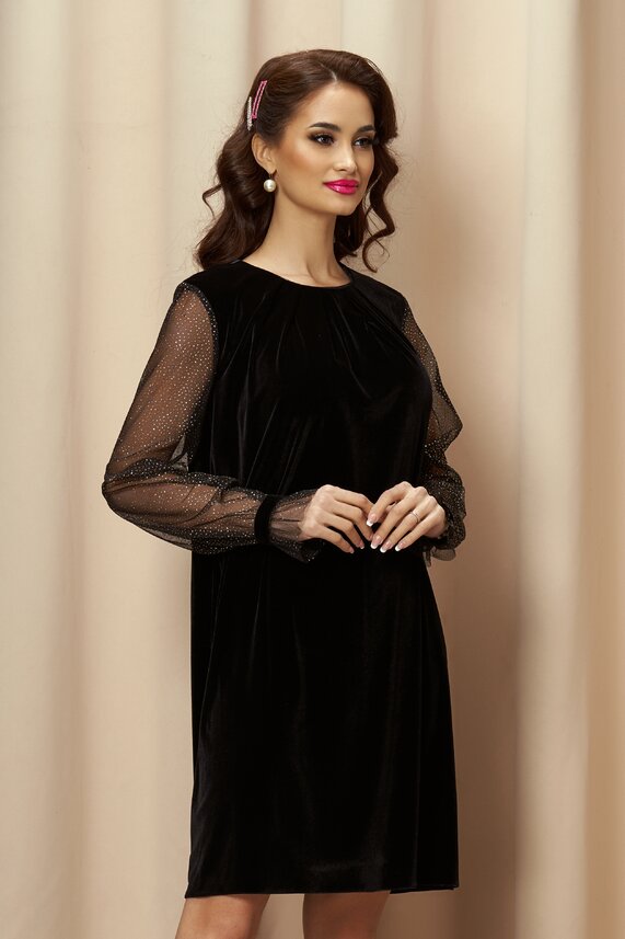 Rochie neagra eleganta din catifea si maneci din tull    Dy Fashion