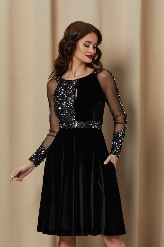 Rochie neagra eleganta din catifea si paiete    MBG