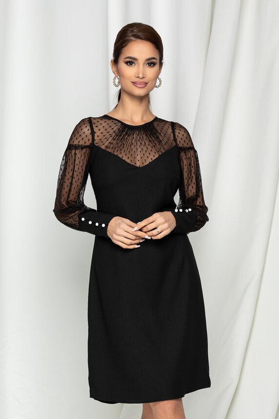 Rochie neagra eleganta din tull si decolteu cu maneci   Moze