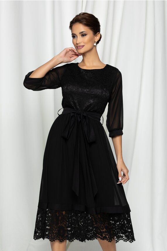 Rochie neagra eleganta midi de seara cu dantela si voal accesorizata cu decolteu rotund Sofia