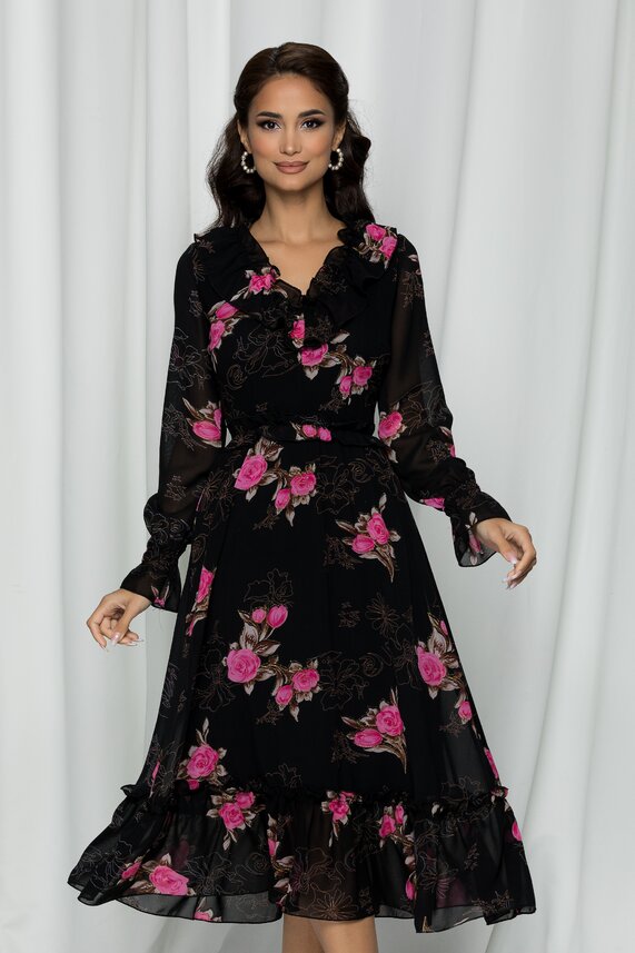 Rochie cu volanase neagra eleganta vaporoasa cu imprimeuri florale   Moze