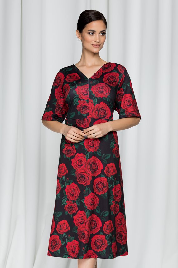 Rochie neagra lejera cu decolteu in V si maneci scurte cu imprimeu floral   Carolinne