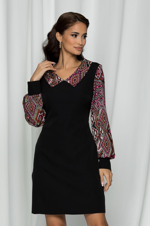 Rochie neagra office cu decolteu in V adanc si imprimeu    Ella Collection Tania