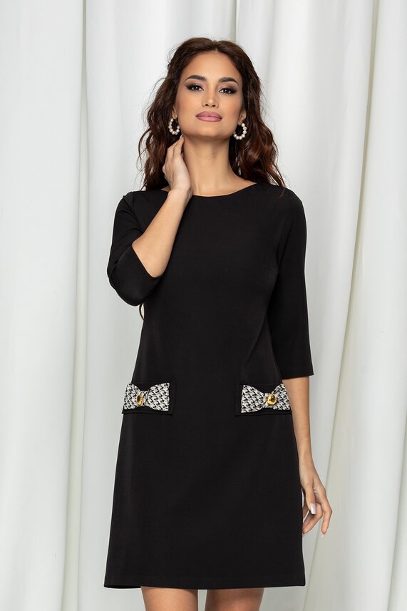 Rochie scurta lejera pe corp neagra office cu funde si buzunare    MBG