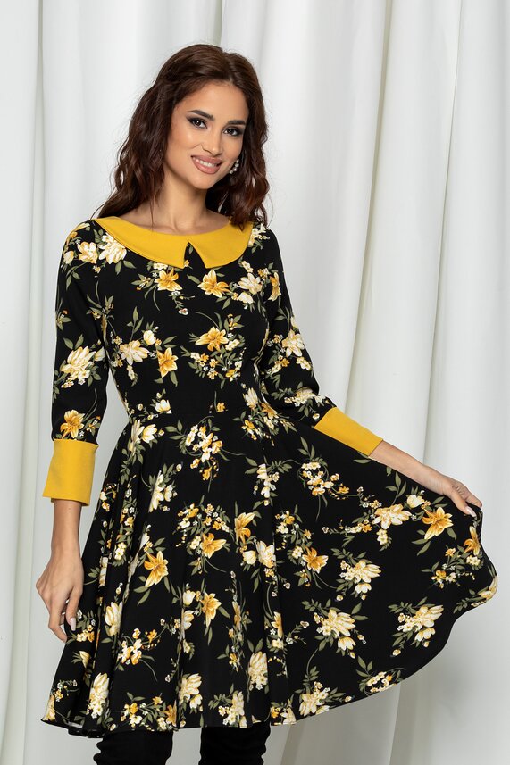 Rochie neagra office cu guler tip camasa si imprimeuri florale colorate Larisa