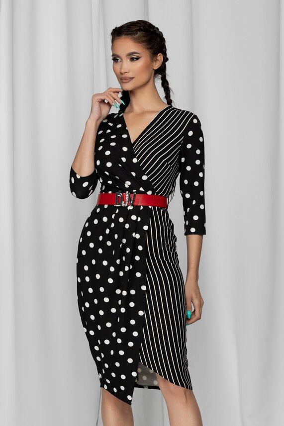 Rochie neagra office cu imprimeu si dungi cu buline   Sabry