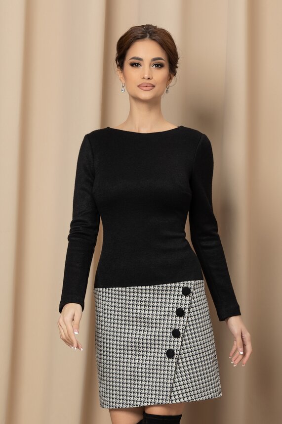 Rochie neagra office cu imprimeuri in carouri si maneci lungi MBG