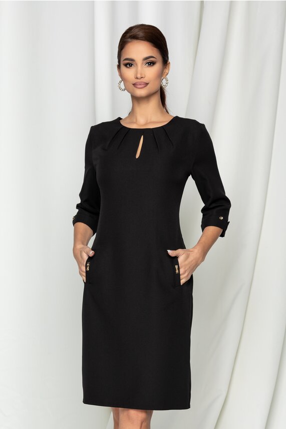 Rochie neagra office eleganta si pliuri cu decupaj si decupaj  Marisa