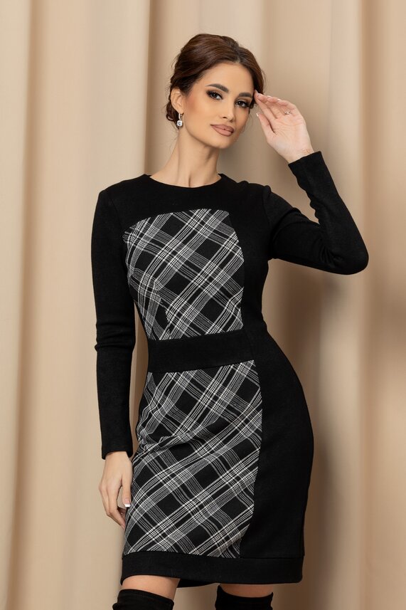 Rochie de toamna neagra office in carouri cu maneci lungi si croi cambrat MBG