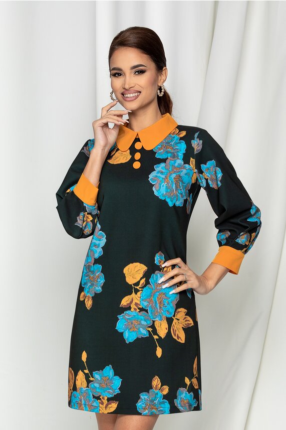 Rochie neagra office midi cu detalii florale colorate LaDonna