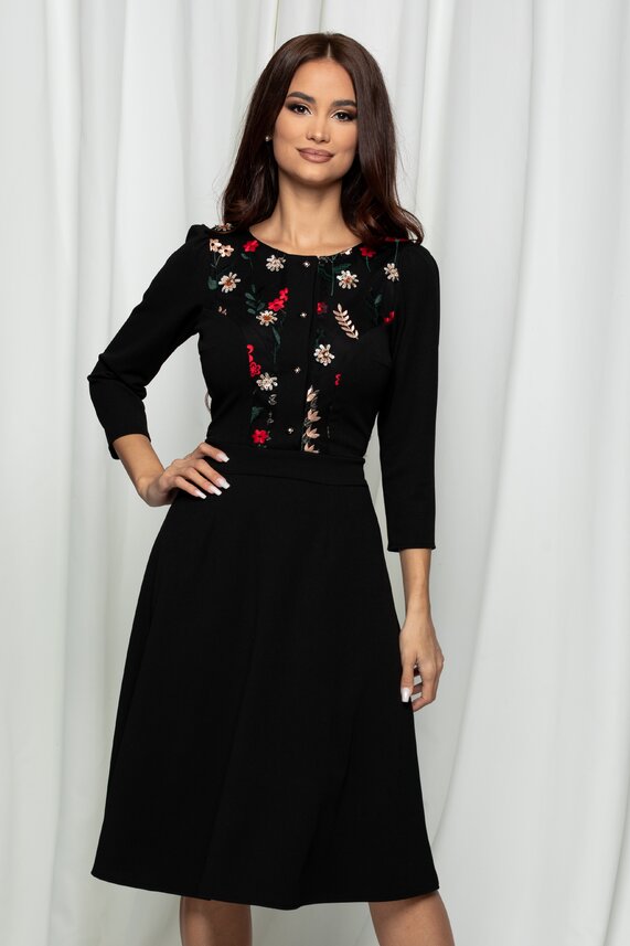 Rochie neagra office midi in clos cu broderie florala  Moze