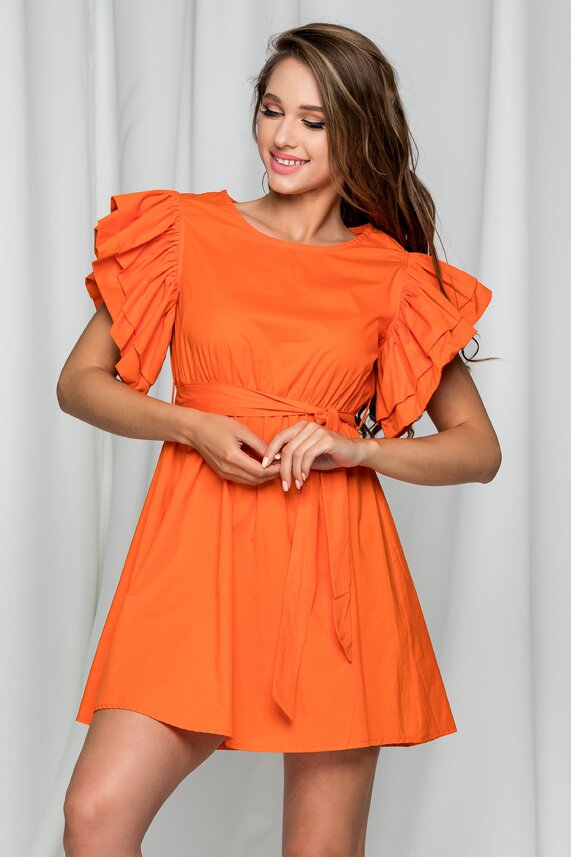 Rochie orange scurta cu decolteu rotund si maneci scurte cu cordon   Florence