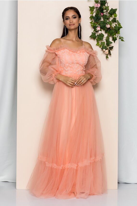 Rochie peach accesorizata cu volanse si bretele cu maneci lungi si inchidere cu fermoar  Lucia