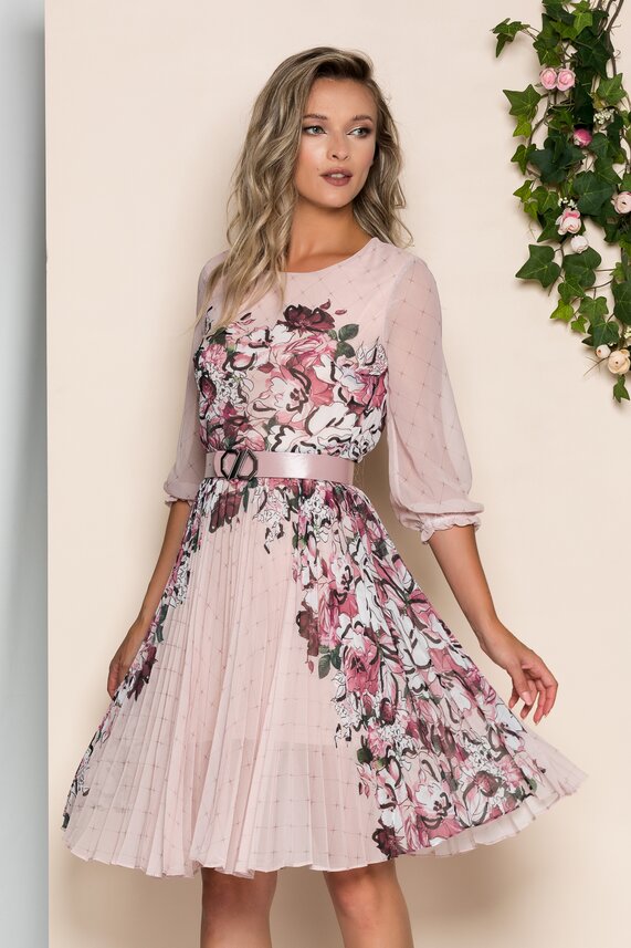 Rochie peach eleganta din voal si imprimeu floral    Georgina