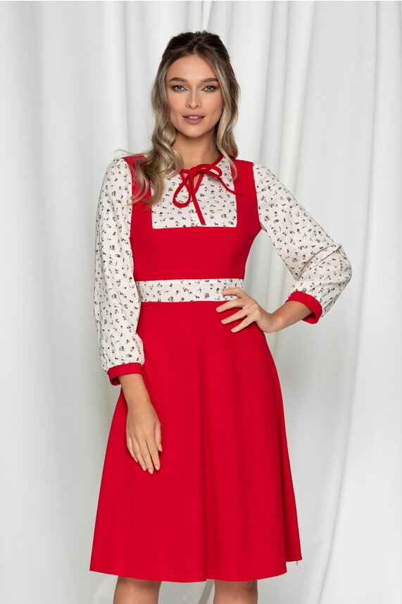 Rochie de primavara rosie delicata cu imprimeu floral pentru birou Moze