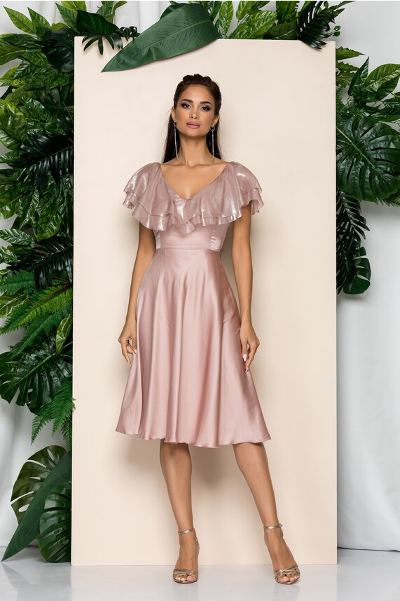 Rochie de ocazie roz eleganta cu decolteu in V si volanase cu maneci scurte Leonard Collection