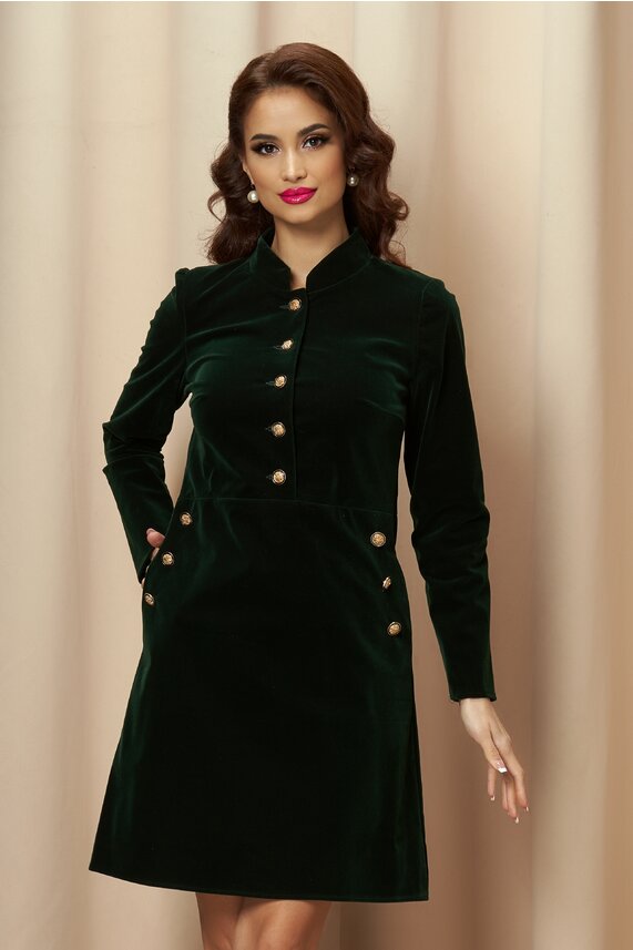 Rochie de nunta verde smarald eleganta cu maneci lungi si buzunare Moze