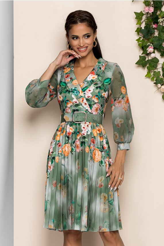 Rochie verde accesorizata cu curea detasabila in talie si guler tip sal cu pliuri   Maxine