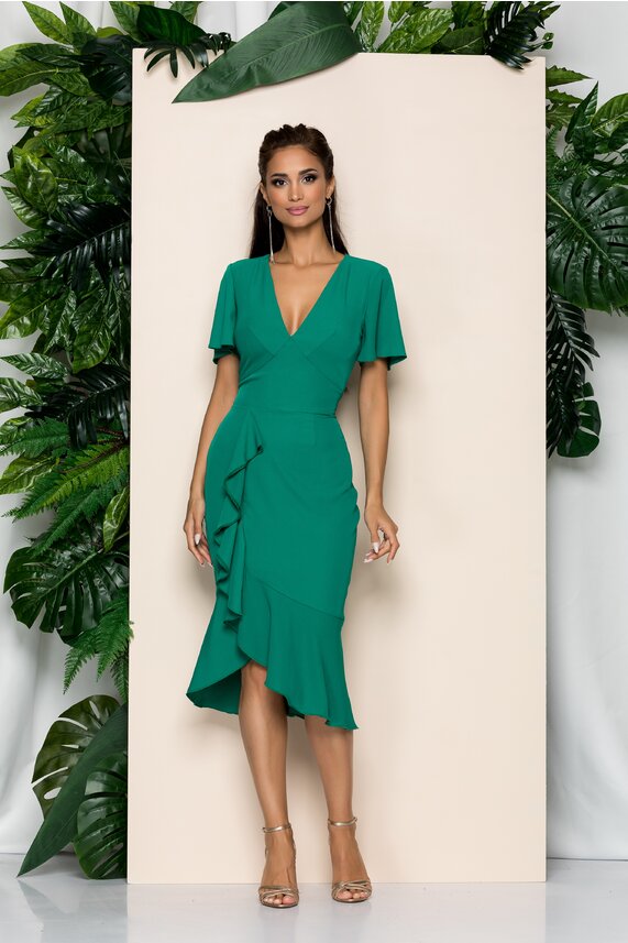 Rochie verde accesorizata cu volanas si decolteu cu maneci scurte   Moze