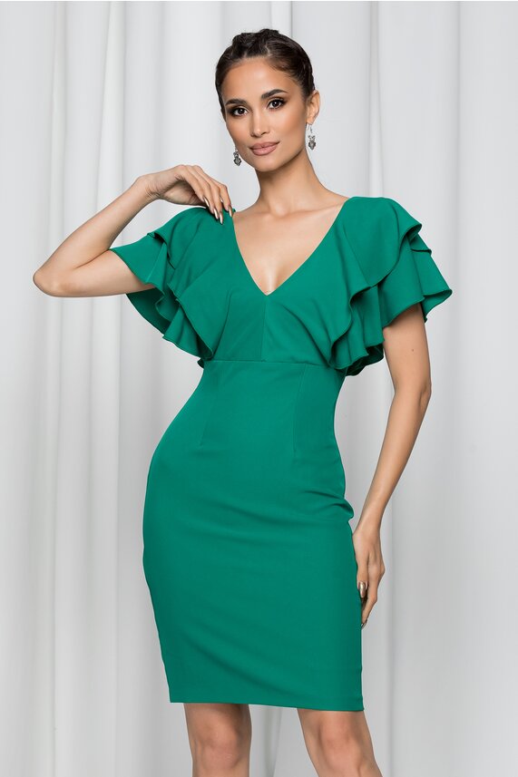 Rochie de nunta verde cu decolteu accesorizata cu volanase si maneci scurte Moze