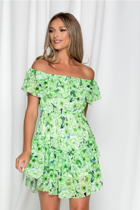 Rochie de vara verde accesorizata cu volans din material elastic in clos   Nora