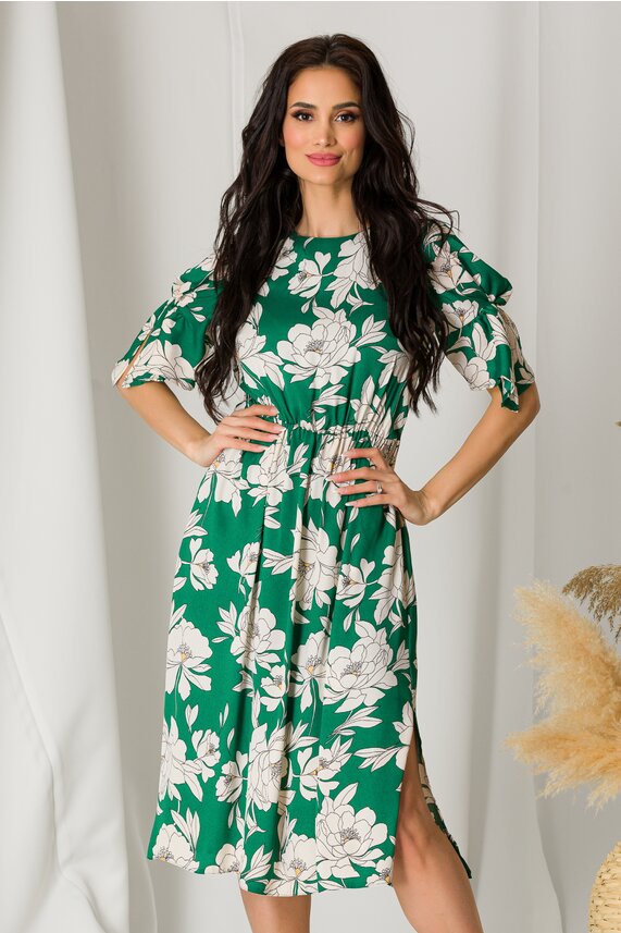 Rochie verde cu imprimeuri florale vaporoasa     Moze