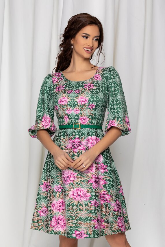 Rochie verde de primavara cu imprimeu floral si curea in talie Hilarry