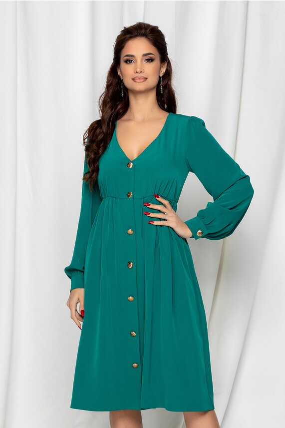 Rochie verde de zi eleganta cu decolteu in V adanc si maneci lungi Dy Fashion