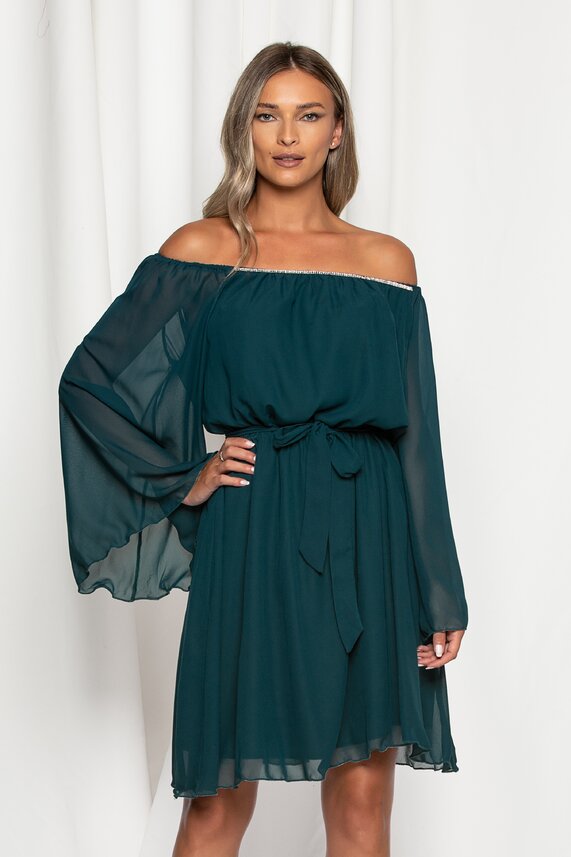 Rochie verde din voal elastic cu decolteu rotund si maneci largi Ella Collection Astrid