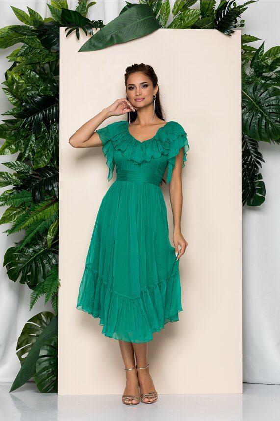 Rochie de botez verde eleganta cu decolteu in V accesorizata cu volanase si maneci scurte Leonard Collection