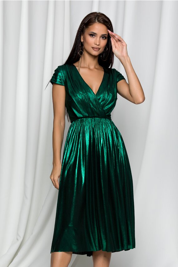 Rochie de seara verde eleganta cu decolteu petrecut in V si pliuri cu fermoar ascuns MBG