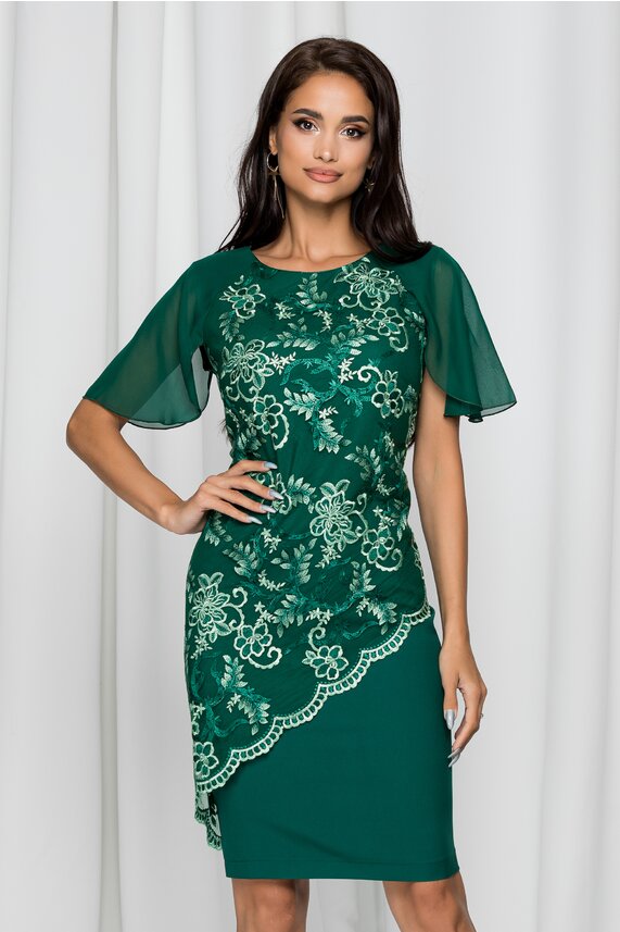 Rochie verde eleganta cu decolteu rotund si maneci scurte din voal si broderie cu imprimeu floral Konstantina