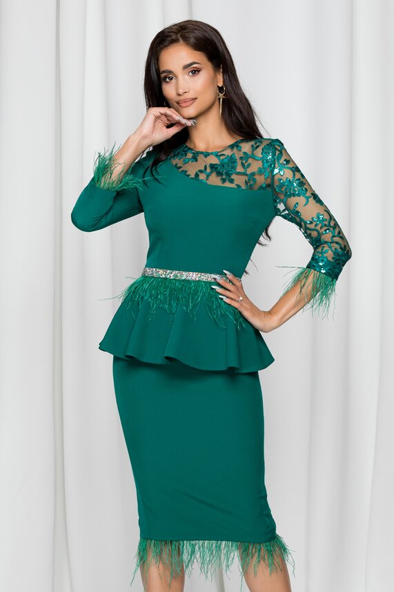 Rochie de seara verde eleganta cu fulgi si peplum in talie MBG